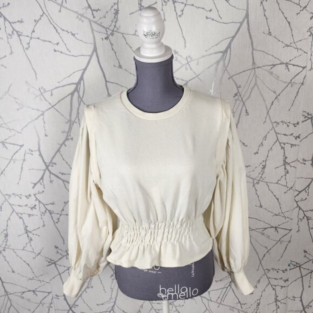 Zara Ivory Cotton Stretch Cinch Waist Bishop Sleeve Crop Top